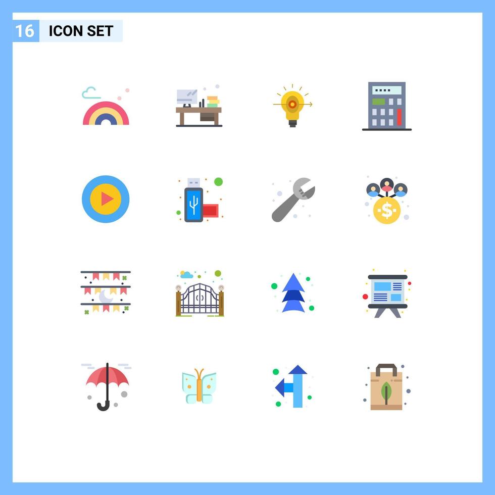 Universal Icon Symbols Group of 16 Modern Flat Colors of port video bulb play calculator Editable Pack of Creative Vector Design Elements