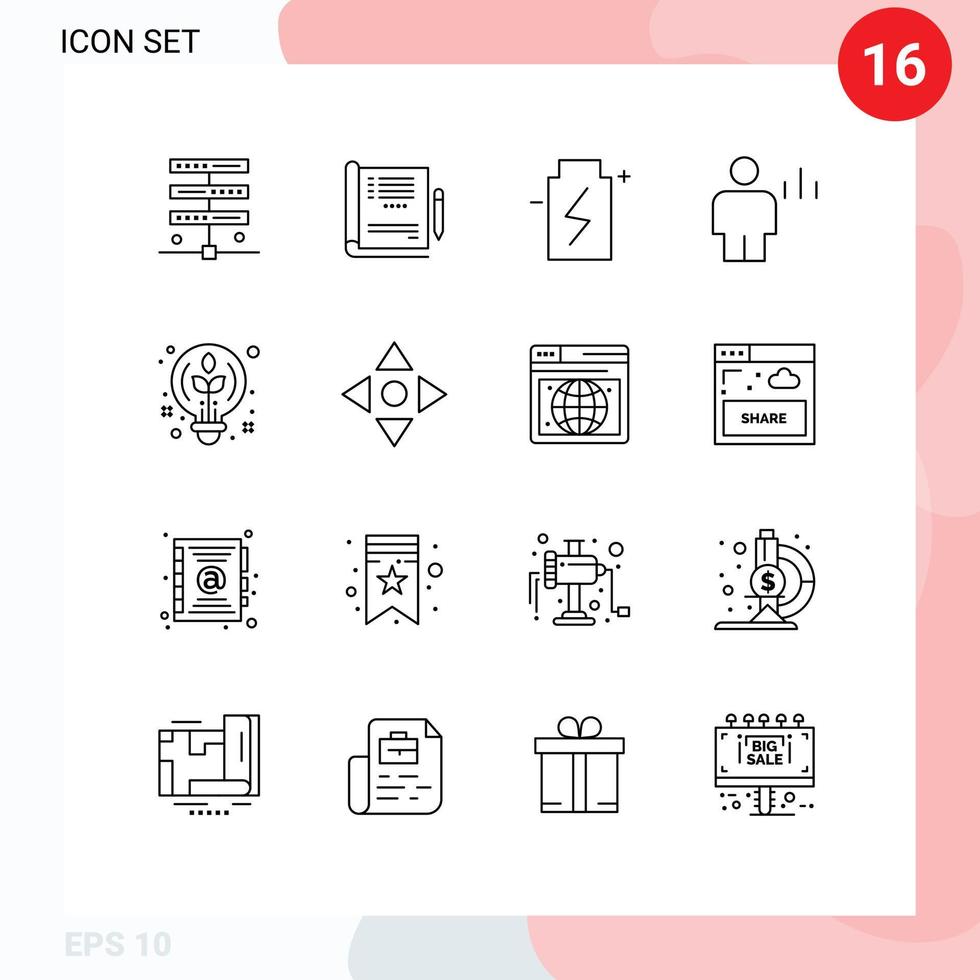 Editable Vector Line Pack of 16 Simple Outlines of human body battery avatar environment Editable Vector Design Elements