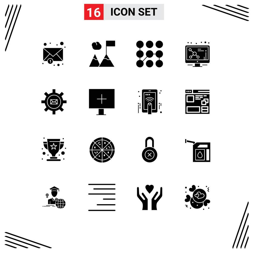 16 Solid Glyph concept for Websites Mobile and Apps mail gear secure setting screen Editable Vector Design Elements
