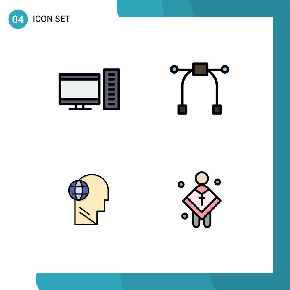 Set of 4 Modern UI Icons Symbols Signs for computer head server tool think Editable Vector Design Elements