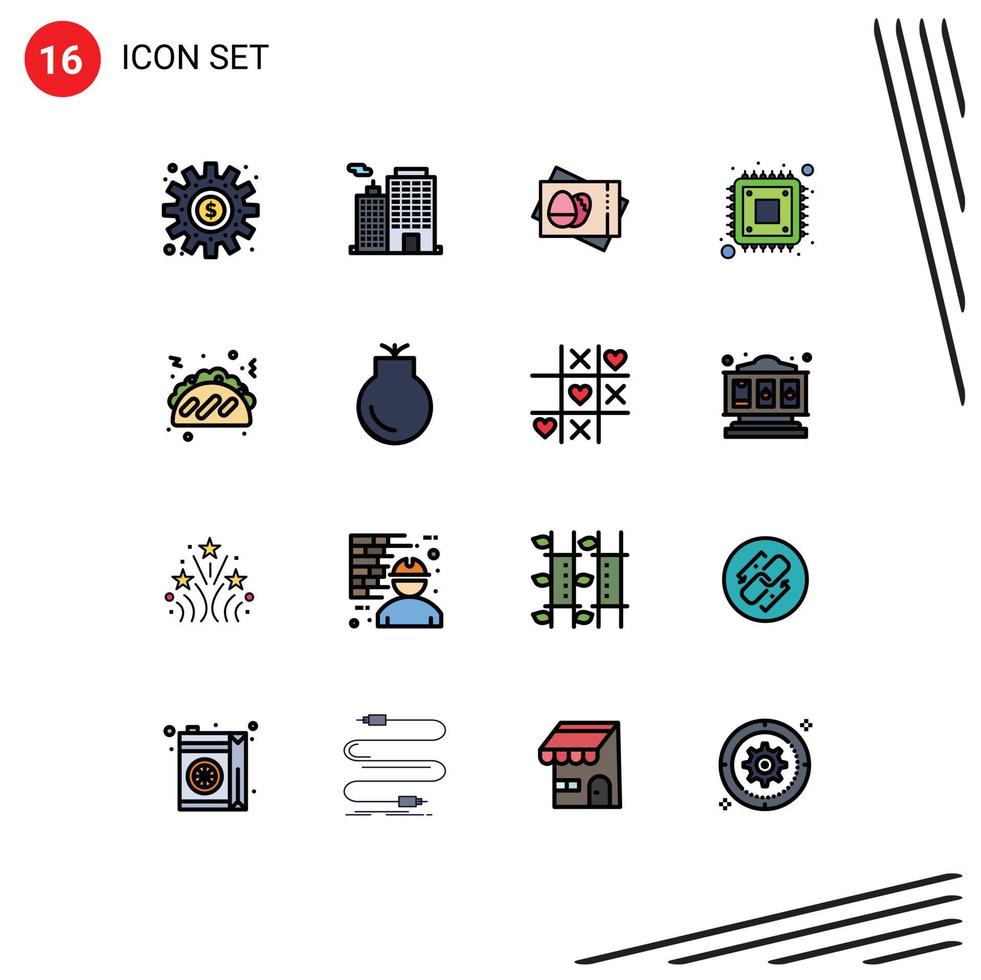 Editable Vector Line Pack of 16 Simple Flat Color Filled Lines of taco hardware city cpu card Editable Creative Vector Design Elements