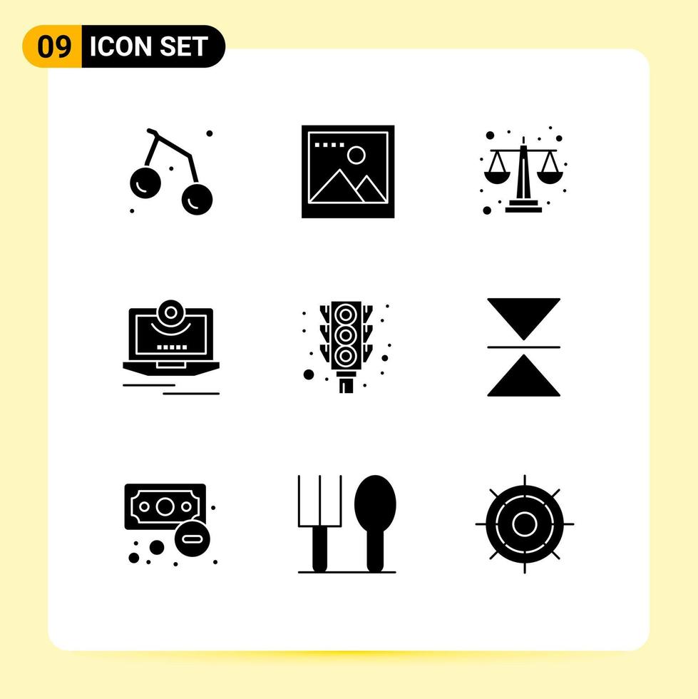 Pictogram Set of 9 Simple Solid Glyphs of signal video balance scale monitor camera Editable Vector Design Elements