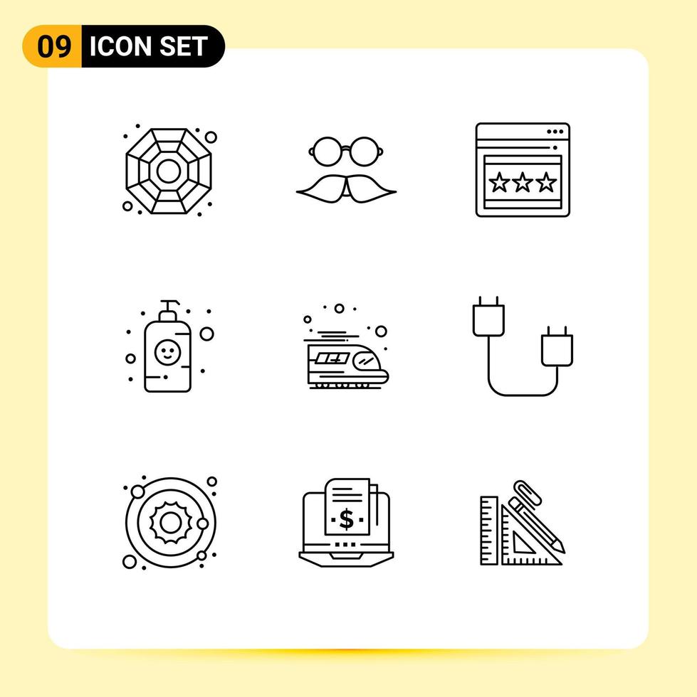 9 Thematic Vector Outlines and Editable Symbols of transport public seo lotion bottle baby shampoo Editable Vector Design Elements