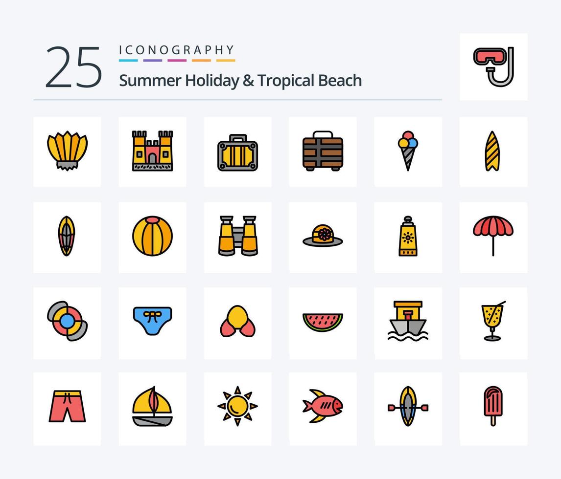 Beach 25 Line Filled icon pack including surfboard. recreation. beach. cone. beach vector