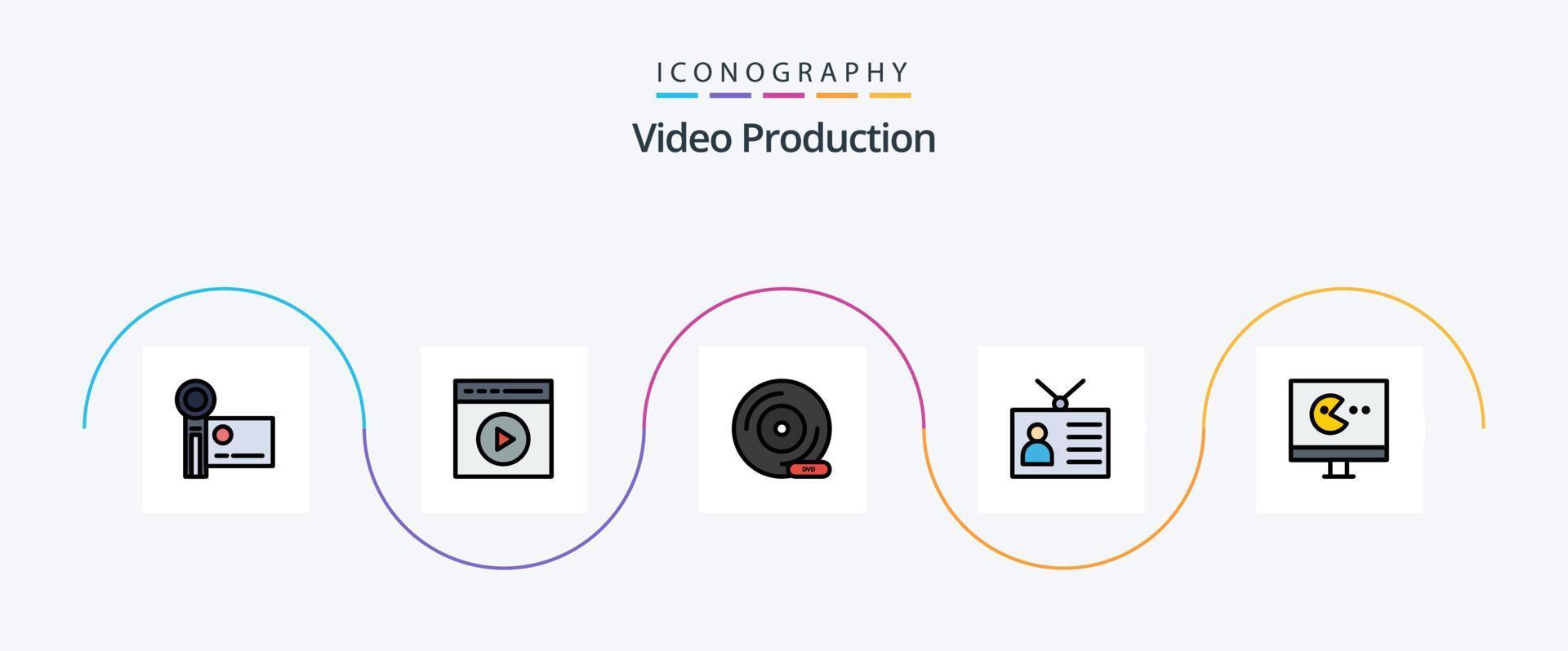 la línea de producción de video llenó el paquete de iconos planos 5 que incluye el dispositivo de salida. televisión antigua. reproducción de vídeo dispositivo de almacenamiento. DVD vector