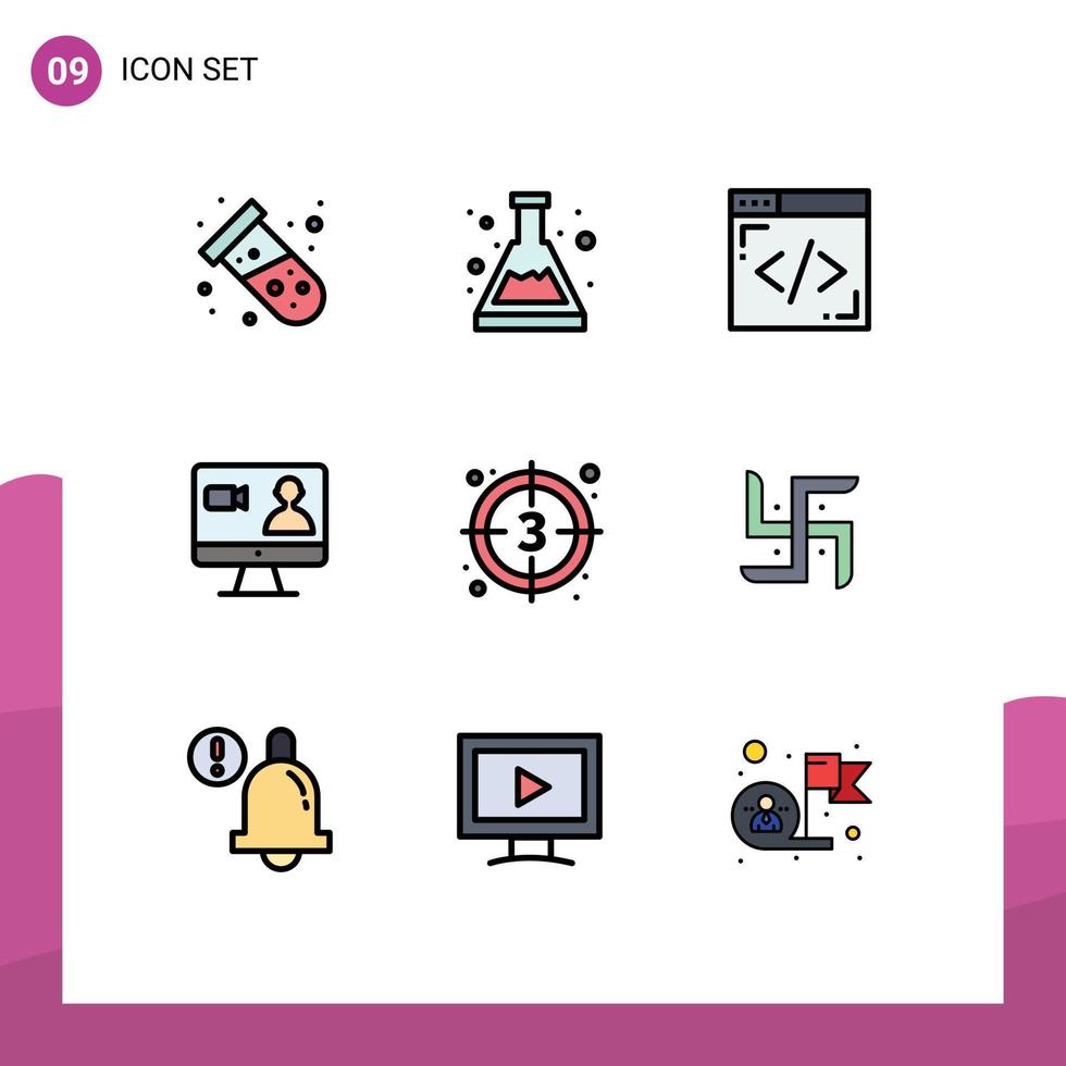 Editable Vector Line Pack of 9 Simple Filledline Flat Colors of movie countdown coding computer search Editable Vector Design Elements