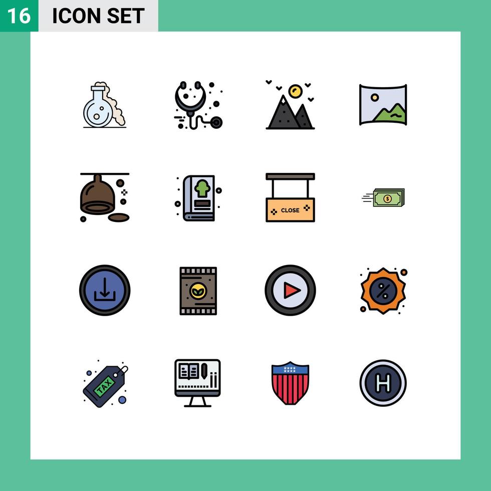 16 Universal Flat Color Filled Lines Set for Web and Mobile Applications diet panorama hiking film cinema Editable Creative Vector Design Elements