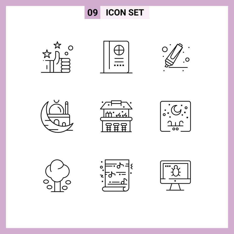 Stock Vector Icon Pack of 9 Line Signs and Symbols for eid water marker sand castle mosque Editable Vector Design Elements