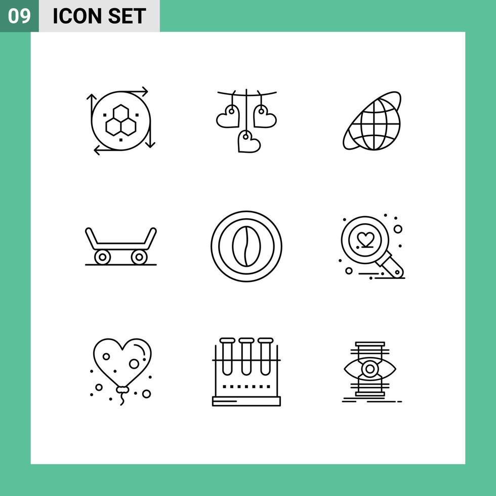 Pack of 9 Modern Outlines Signs and Symbols for Web Print Media such as food cooking globe coffee skateboard Editable Vector Design Elements