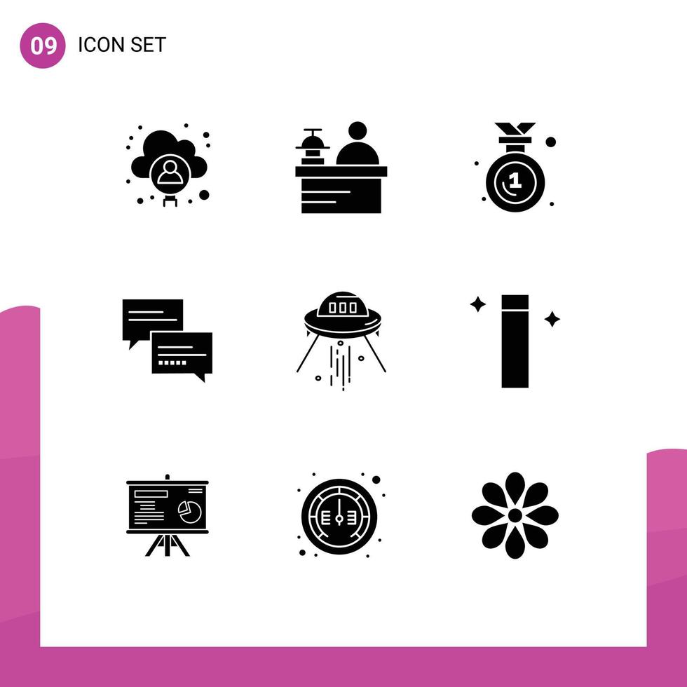 Group of 9 Solid Glyphs Signs and Symbols for ship space ship badge education comment Editable Vector Design Elements