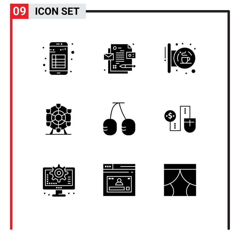 Set of 9 Commercial Solid Glyphs pack for fruit wheel board park signal Editable Vector Design Elements