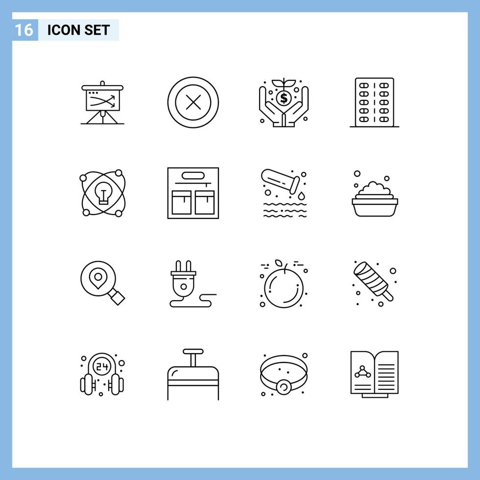 Set of 16 Modern UI Icons Symbols Signs for health fitness wireframe drugs money Editable Vector Design Elements