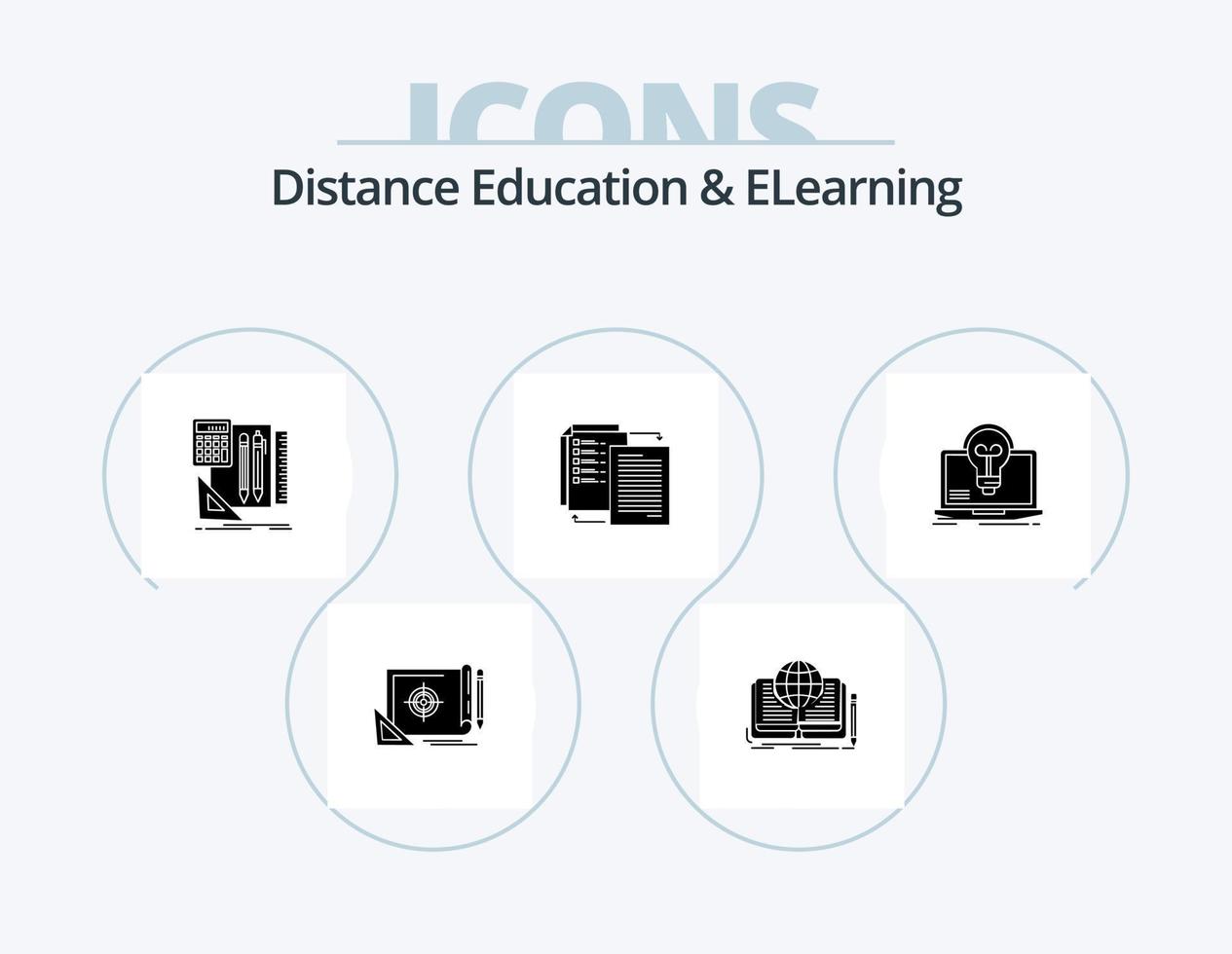 Distance Education And Elearning Glyph Icon Pack 5 Icon Design. wlan. share. story. file. calculator vector