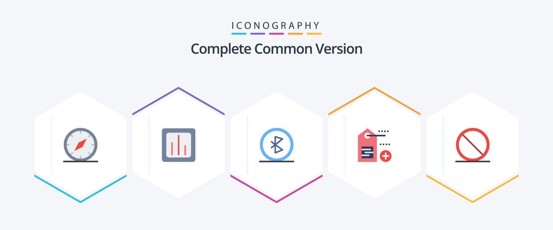 Complete Common Version 25 Flat icon pack including tag. add. report. wireless. connection vector