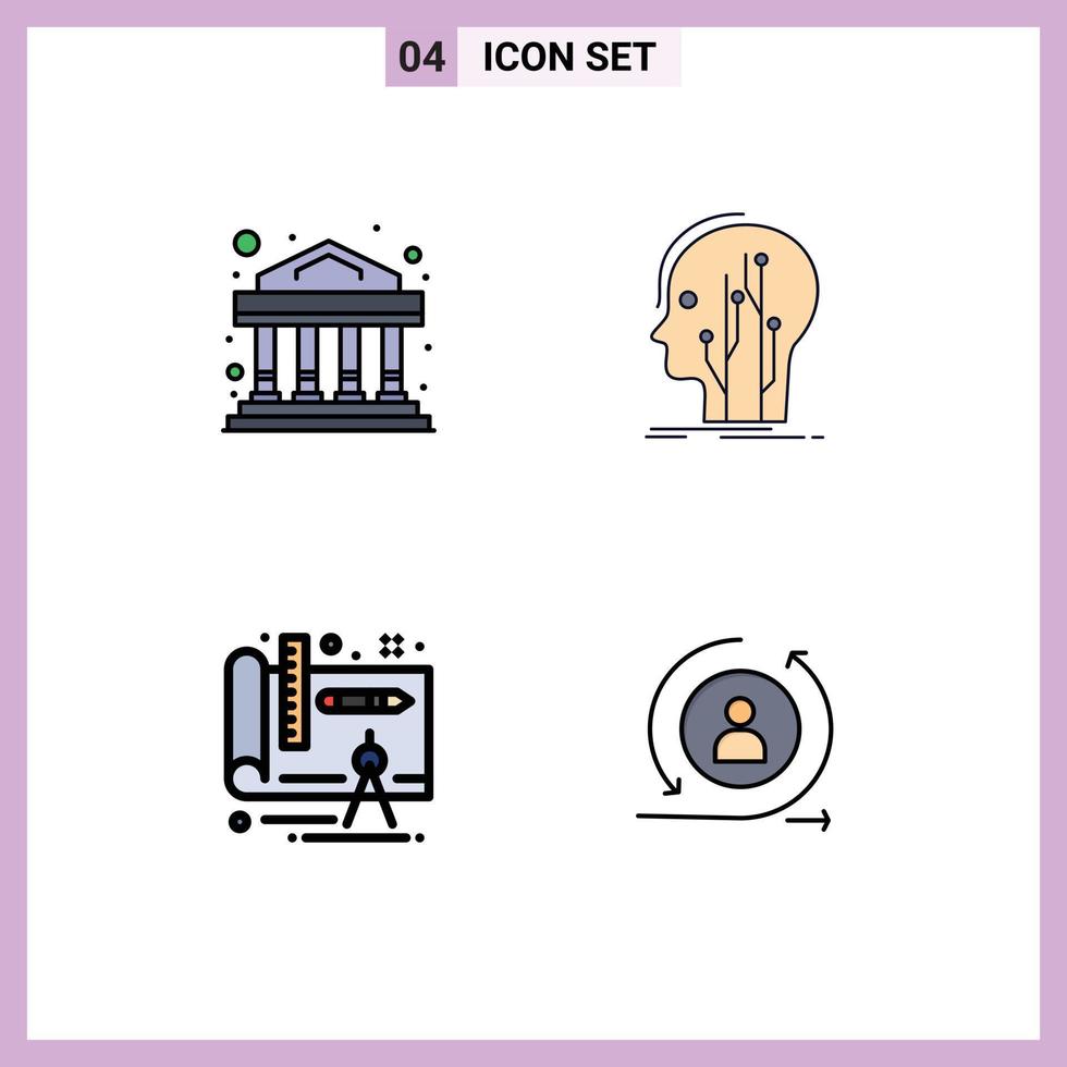 4 Universal Filledline Flat Color Signs Symbols of bank design data knowledge returning Editable Vector Design Elements