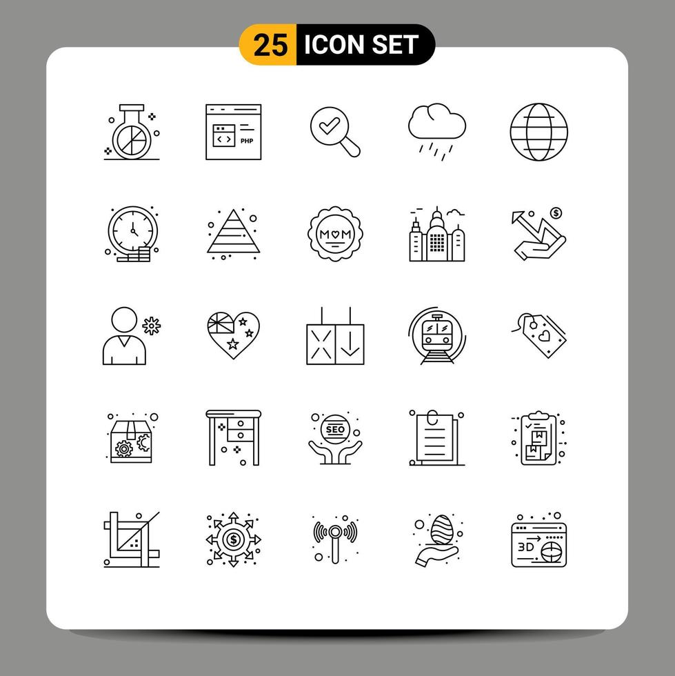 Set of 25 Modern UI Icons Symbols Signs for globe season development rain view Editable Vector Design Elements