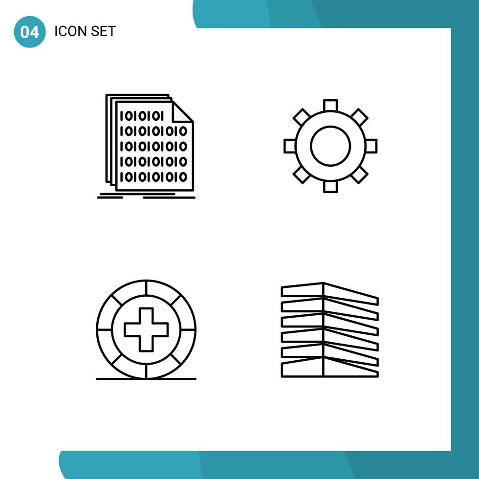 conjunto moderno de 4 colores planos y símbolos de línea de llenado, como elementos de diseño de vectores editables de salud de engranajes de datos de fitness binarios