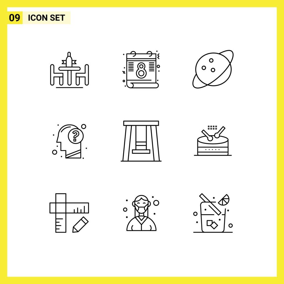 Group of 9 Modern Outlines Set for park mind planet human education Editable Vector Design Elements