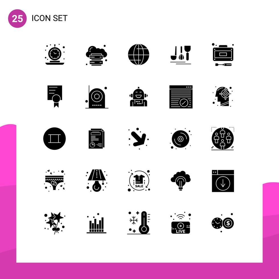Editable Vector Line Pack of 25 Simple Solid Glyphs of development service internet hotel internet Editable Vector Design Elements