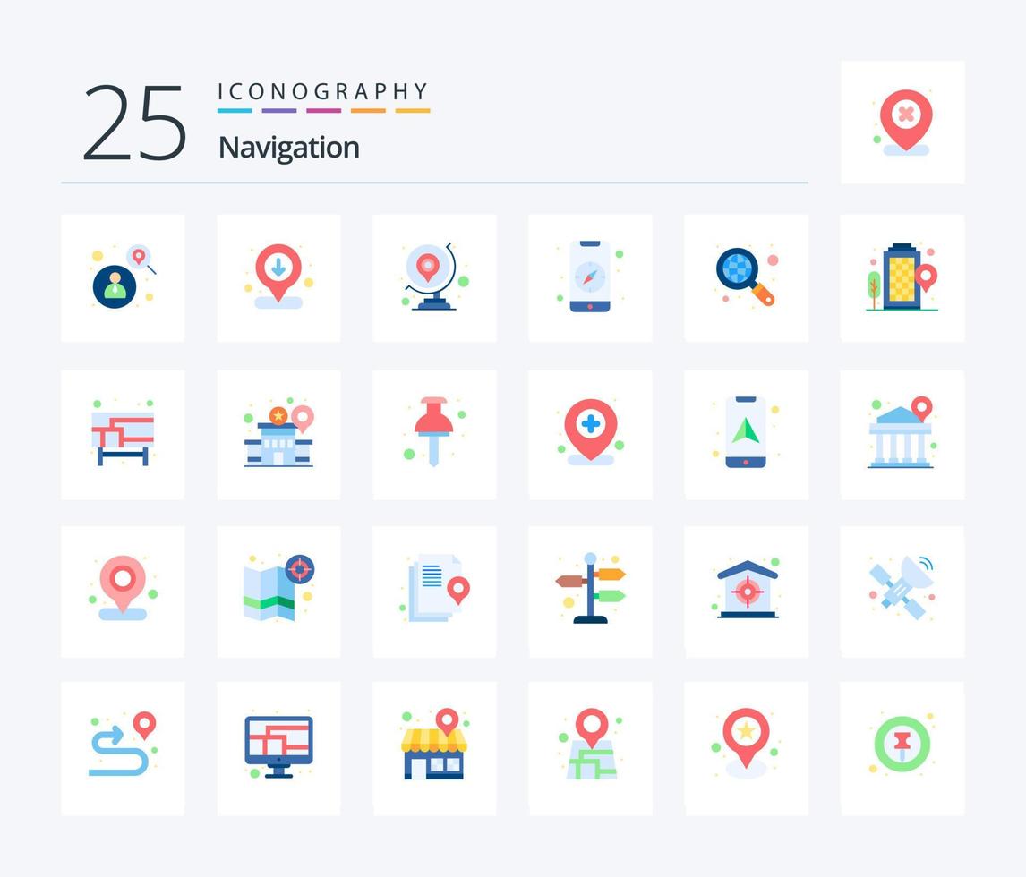 paquete de iconos de navegación de 25 colores planos que incluye Internet. móvil. globo. dirección. mapa vector