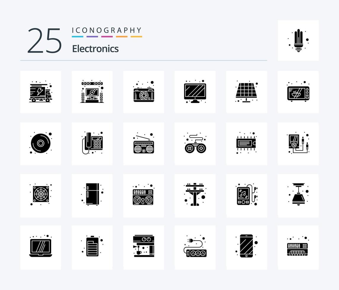 Electronics 25 Solid Glyph icon pack including electronics. eco. photography. battery. screen vector