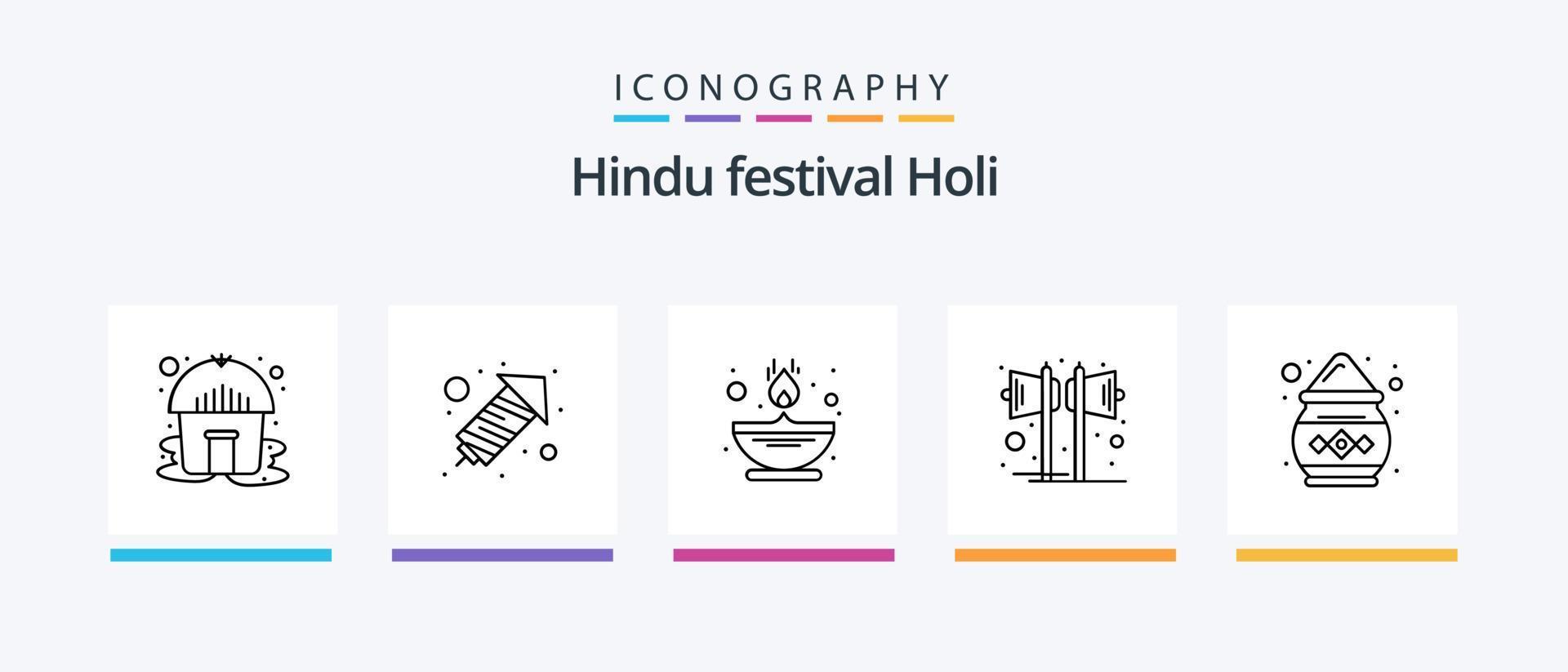 Holi Line 5 Icon Pack Including hut. pot. sound. india. spark. Creative Icons Design vector