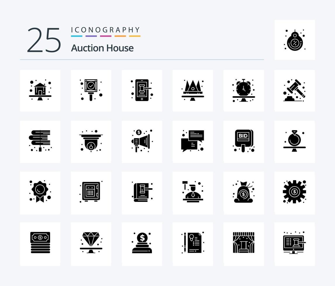 Auction 25 Solid Glyph icon pack including schedule. queen. mobile. king. crown vector