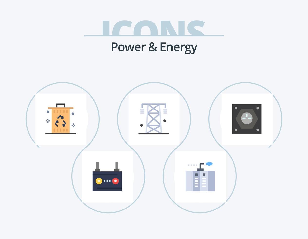 paquete de iconos planos de energía y energía 5 diseño de iconos. línea. electricidad. generador. reciclar. basura vector