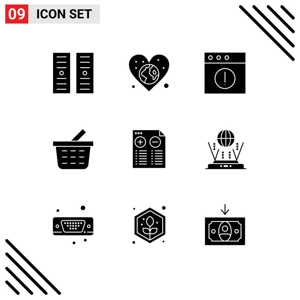 Mobile Interface Solid Glyph Set of 9 Pictograms of minus music alert document checkout Editable Vector Design Elements