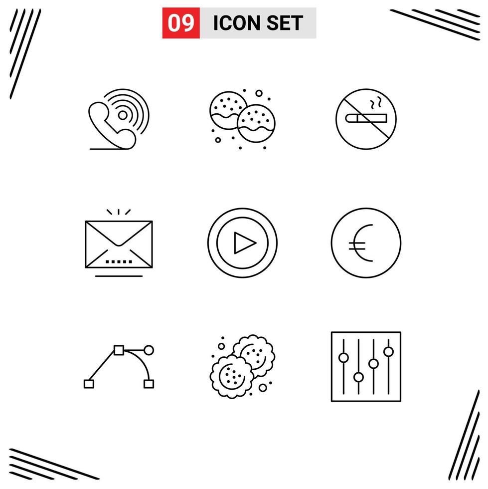 Mobile Interface Outline Set of 9 Pictograms of open letter eat email cigarette Editable Vector Design Elements