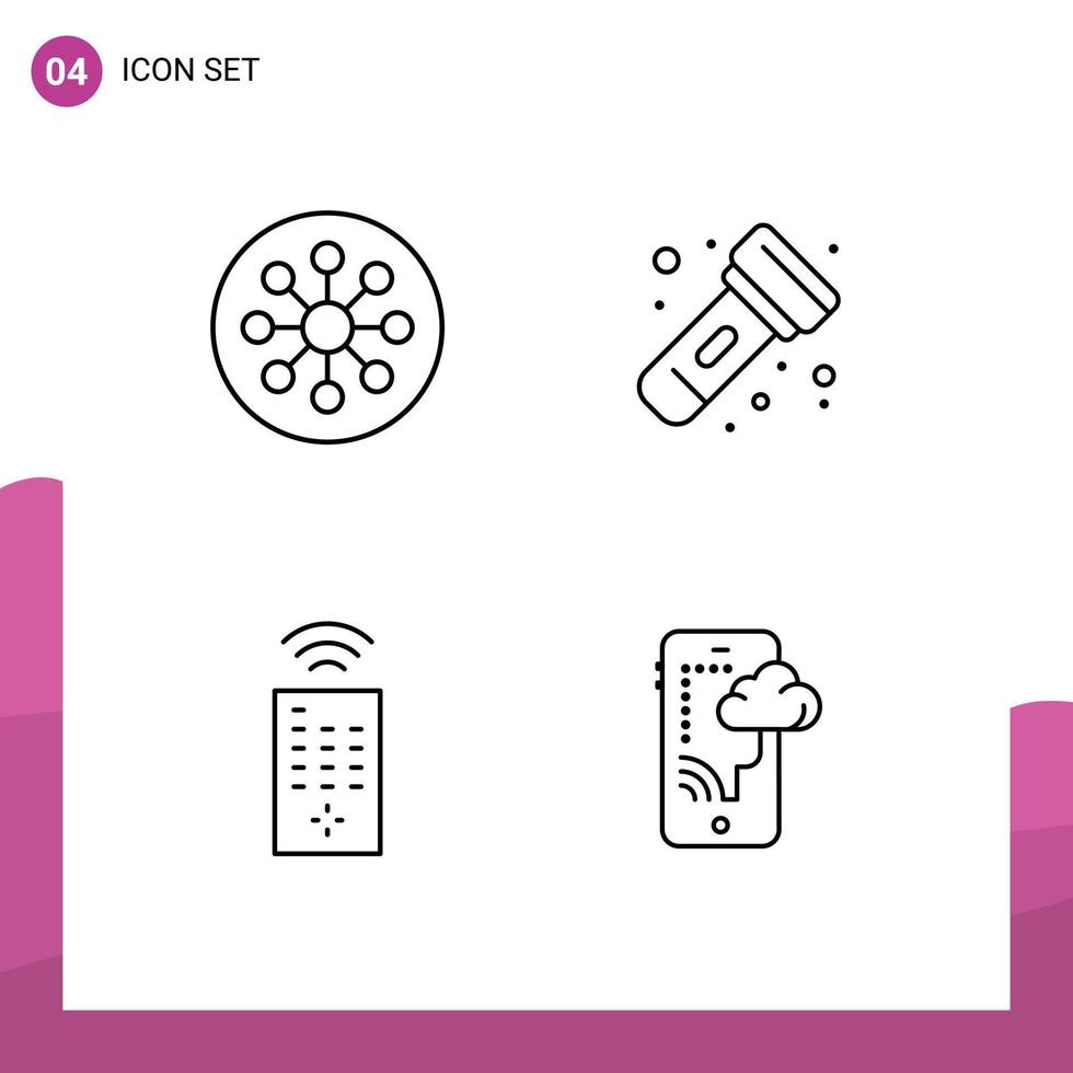 conjunto moderno de 4 pictogramas de colores planos de línea de llenado de elementos de diseño de vector editable de tv de linterna de química de control de átomo
