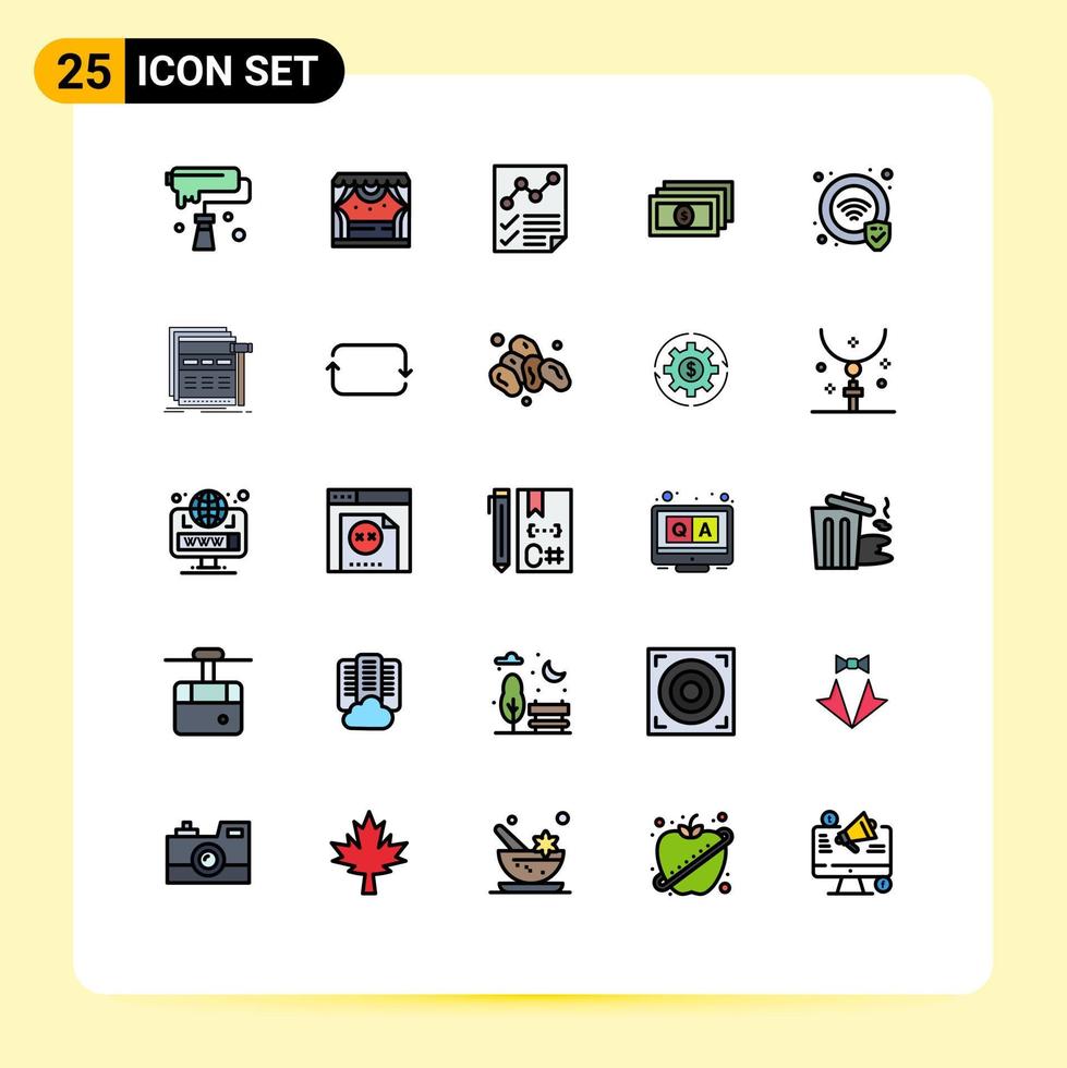 25 Universal Filled line Flat Colors Set for Web and Mobile Applications protection money theater dollar page Editable Vector Design Elements
