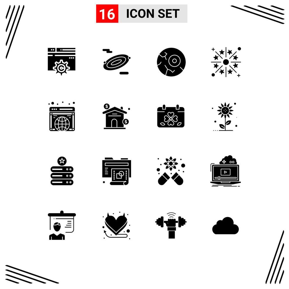 Pack of 16 Modern Solid Glyphs Signs and Symbols for Web Print Media such as globe light moon holiday festivity Editable Vector Design Elements