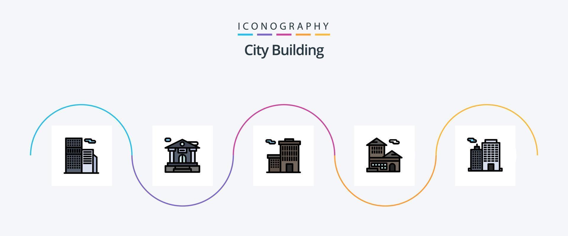 la línea de construcción de la ciudad llenó el paquete de iconos planos 5 que incluye la ciudad. negocio. negocio. edificio. edificio vector