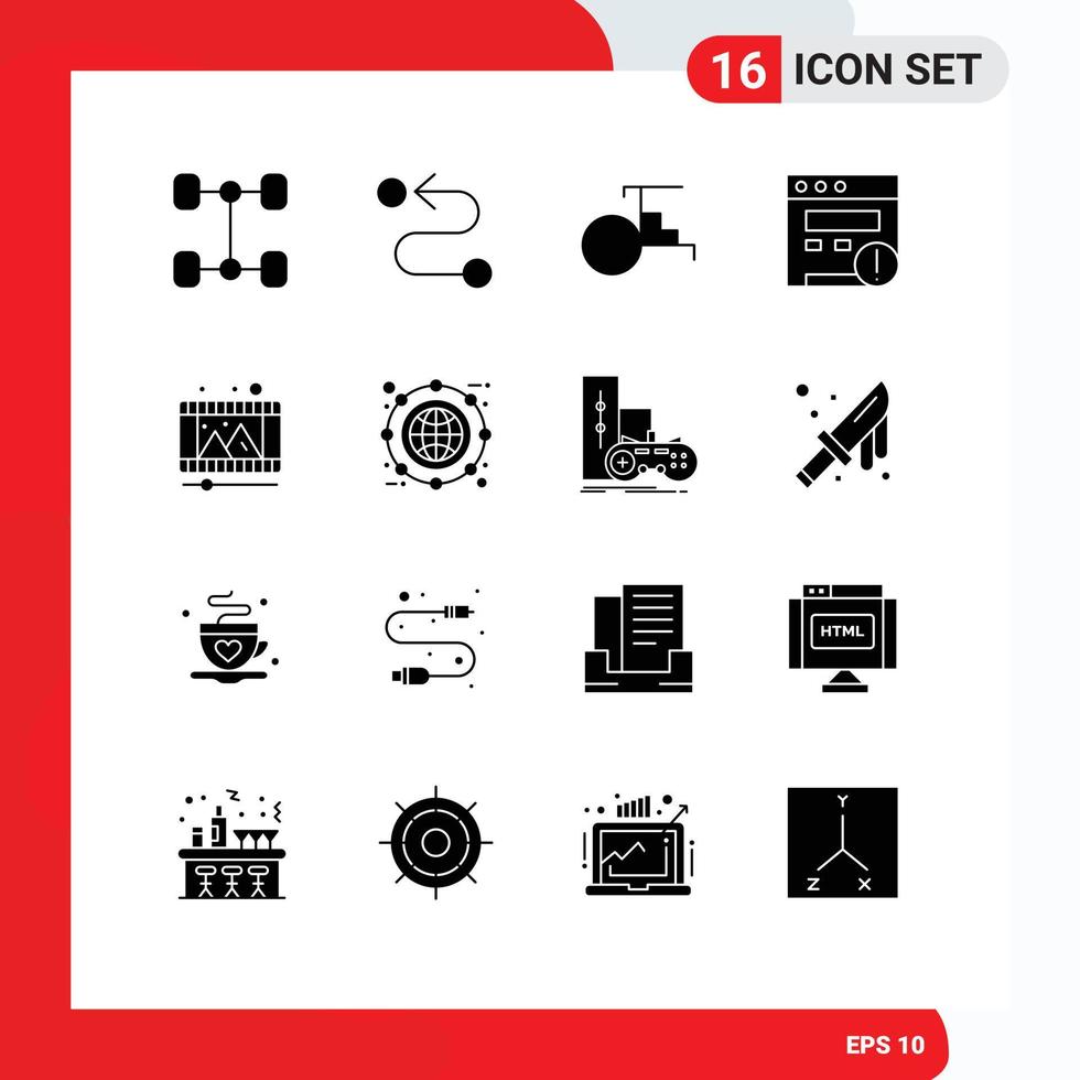 Mobile Interface Solid Glyph Set of 16 Pictograms of archive reel vehicles video play Editable Vector Design Elements