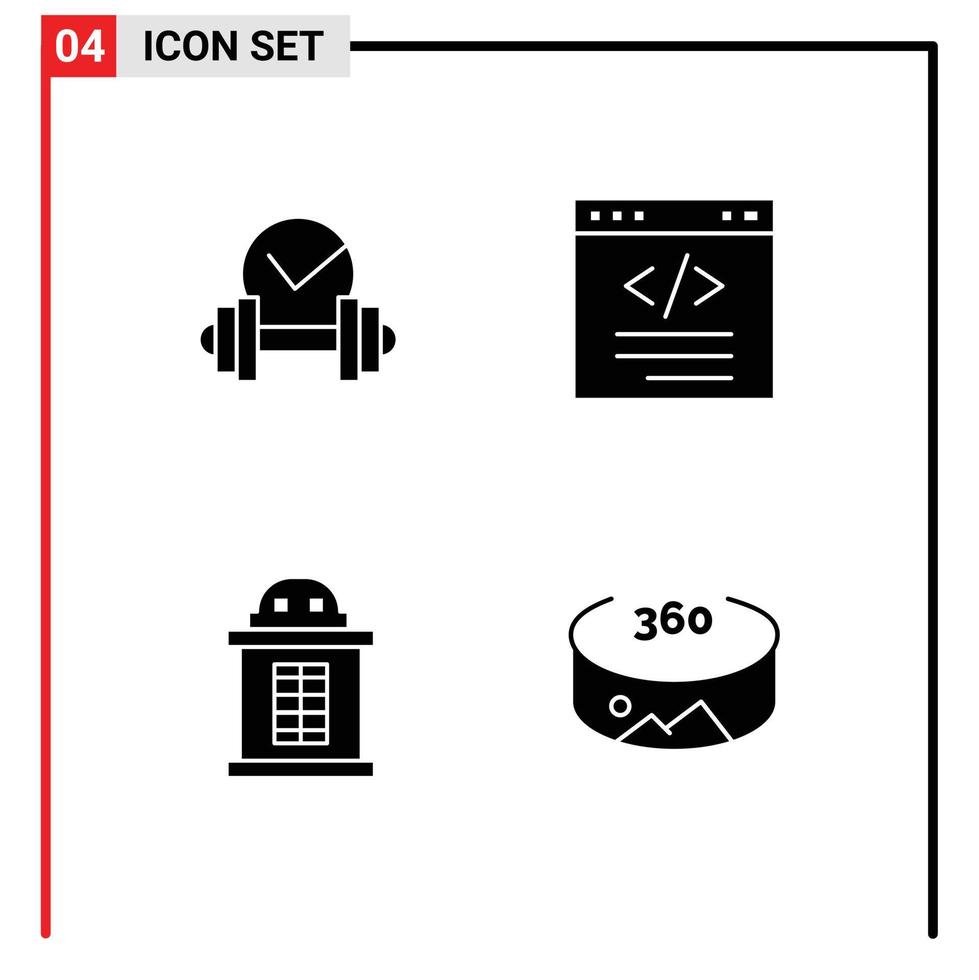 Editable Vector Line Pack of 4 Simple Solid Glyphs of dumbbell ticket sport coding train Editable Vector Design Elements