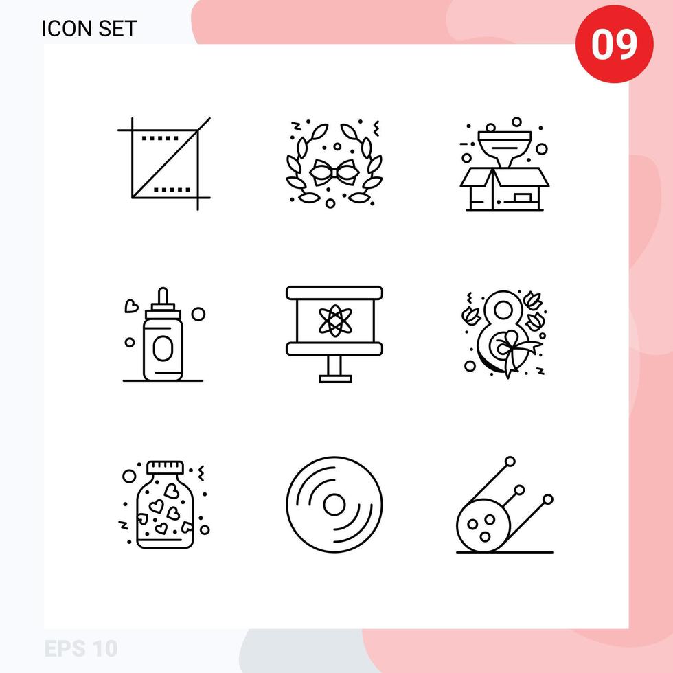 Group of 9 Outlines Signs and Symbols for space board package atom baby Editable Vector Design Elements