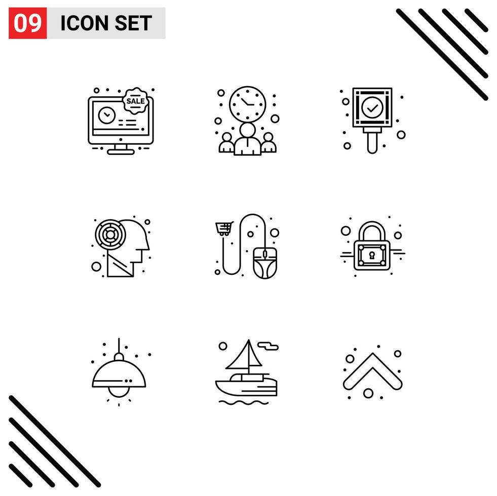 Set of 9 Modern UI Icons Symbols Signs for ecommerce cart check brain labyrinth Editable Vector Design Elements