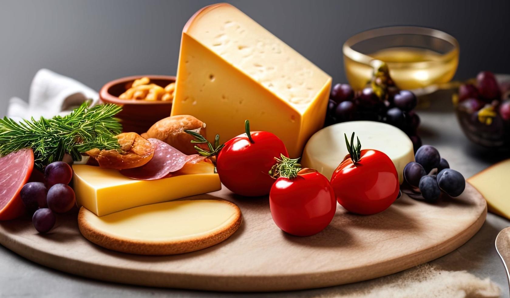 rofessional food photography close up of a Cheese and charcuterie board sitting on top of a table photo