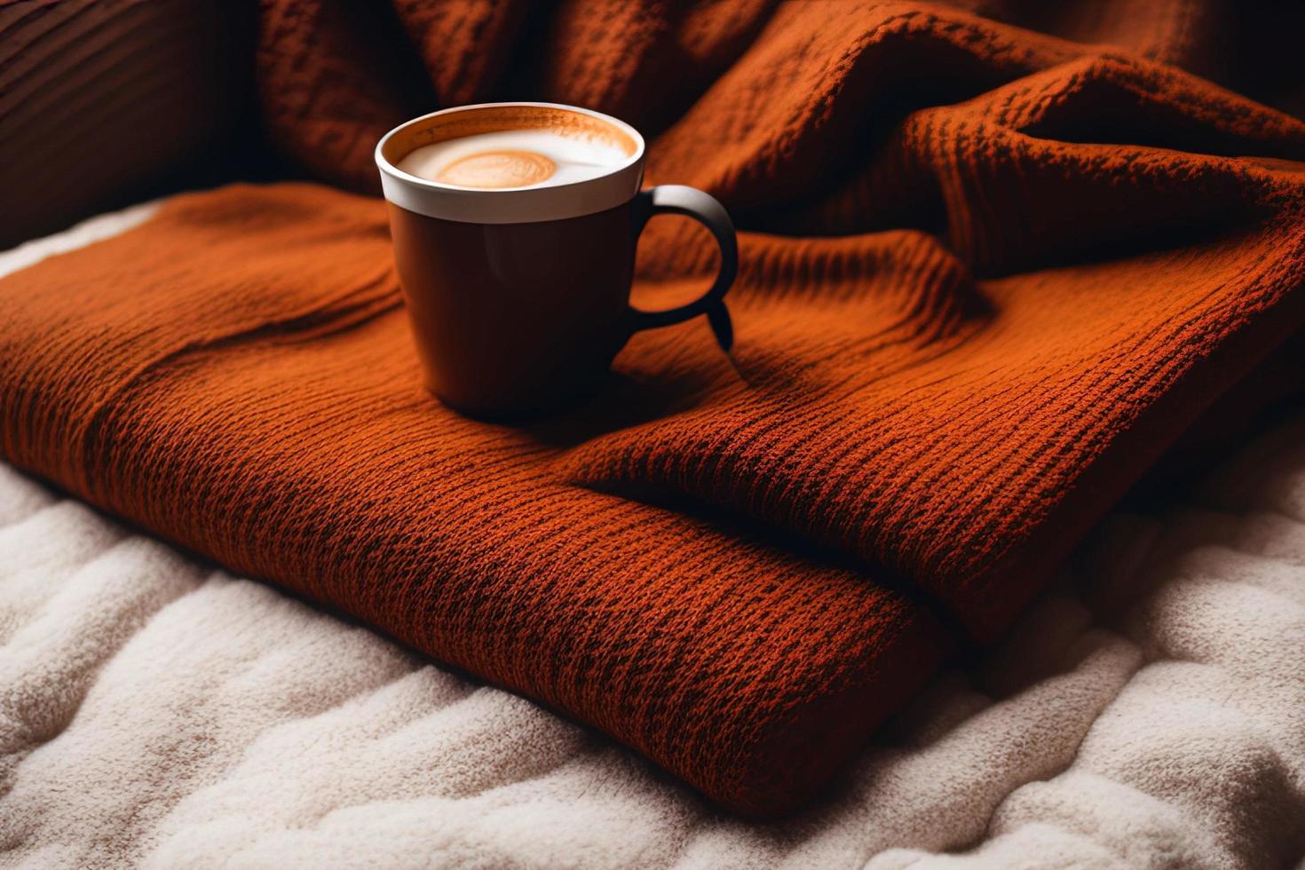 un libro sentado encima de una cama junto a una taza de café foto