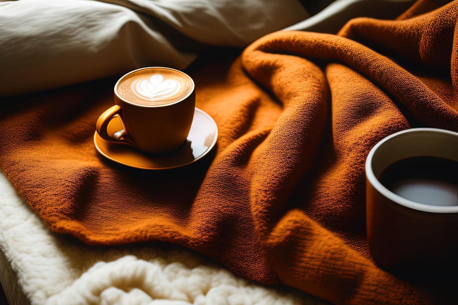 un libro sentado encima de una cama junto a una taza de café foto