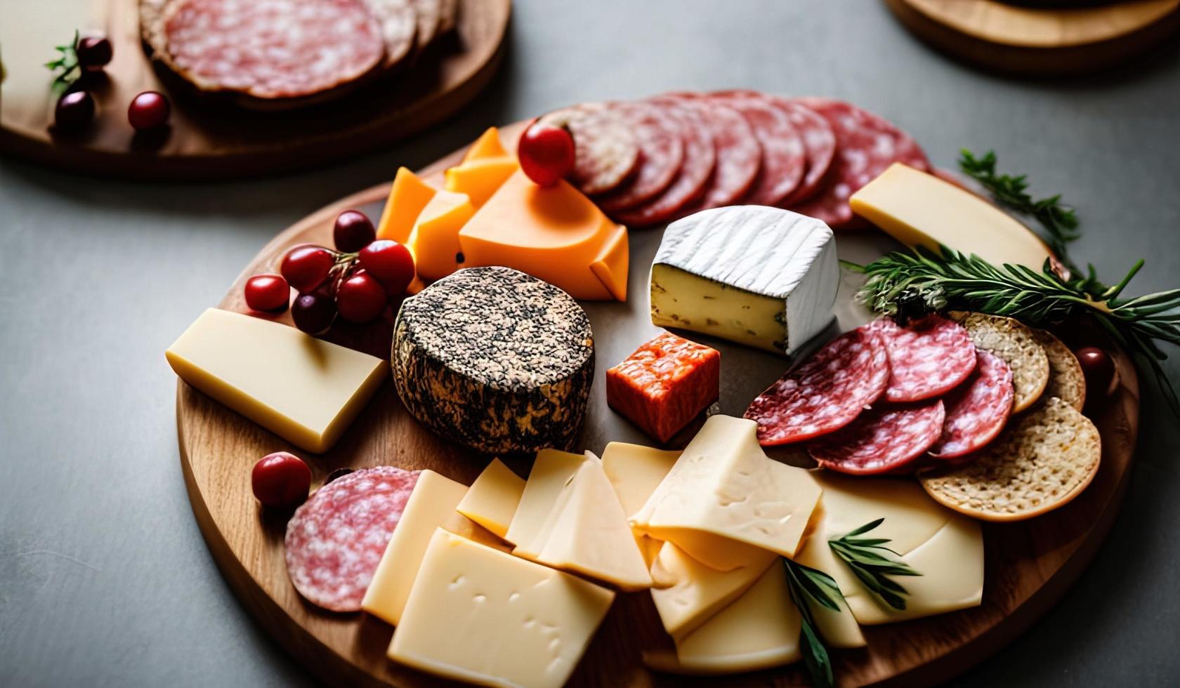 rofessional food photography close up of a Cheese and charcuterie board sitting on top of a table photo