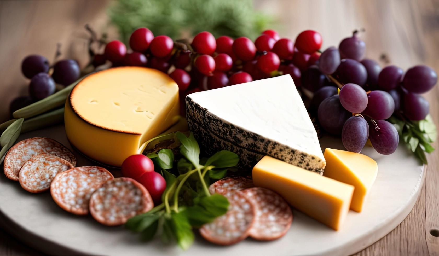 rofessional food photography close up of a Cheese and charcuterie board sitting on top of a table photo