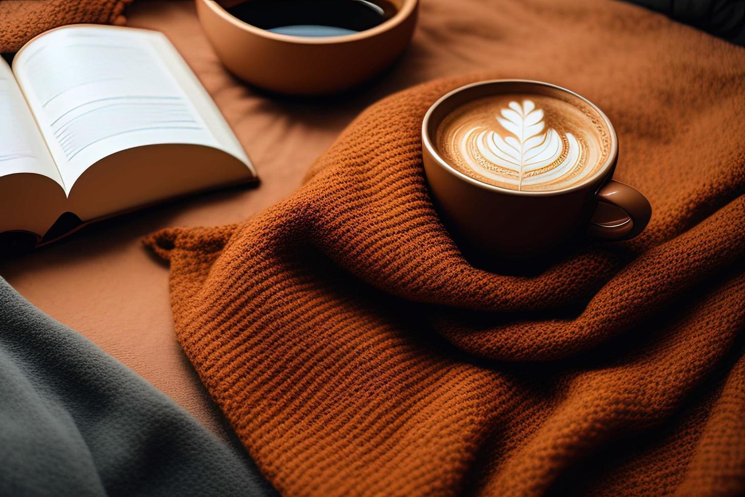 a book sitting on top of a bed next to a cup of coffee photo