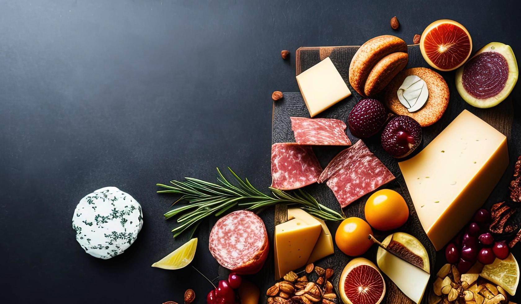 rofessional food photography close up of a Cheese and charcuterie board sitting on top of a table photo