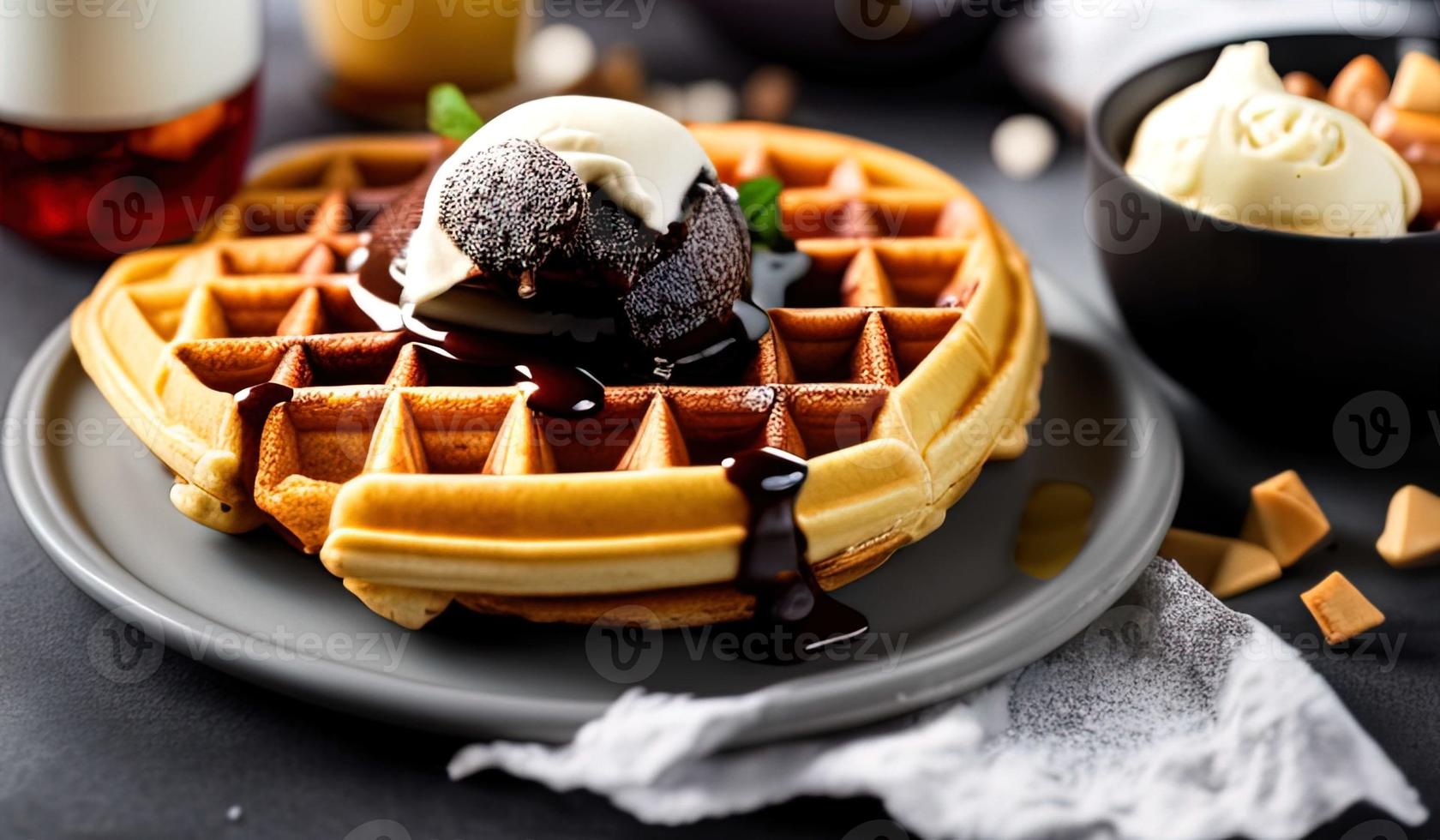 professional food photography close up of a Plate of Belgian waffles with chocolate sauce and ice cream on a dark gray background photo