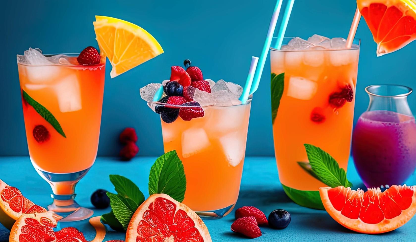 fotografía profesional de alimentos primer plano de cóctel de verano de frutas tropicales con pomelo rojo, bayas y hielo sobre fondo azul foto