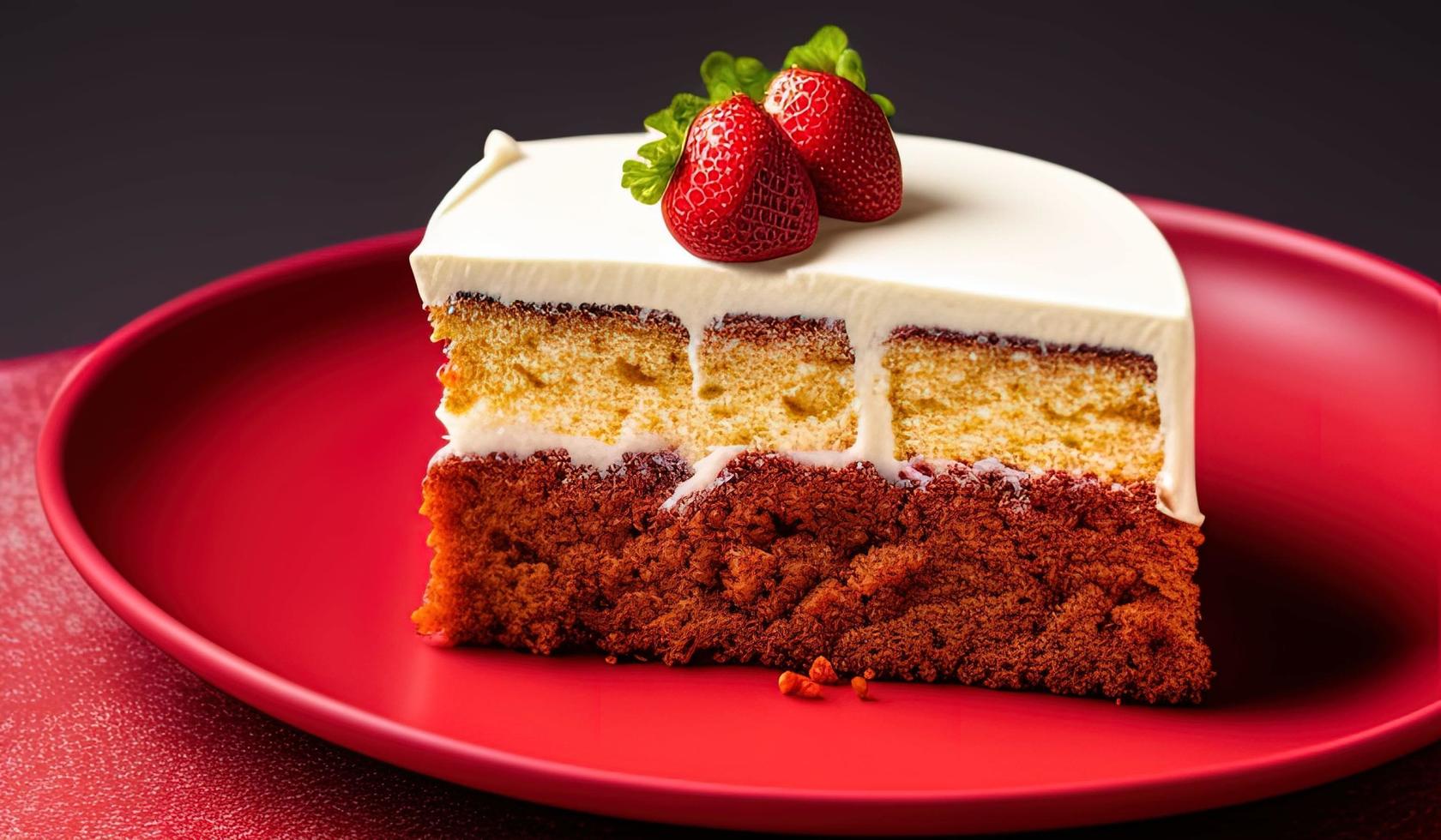fotografía profesional de comida de un trozo de pastel encima de un plato rojo foto