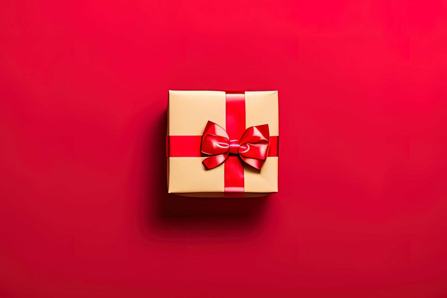 photo of a gift box with a red bow and hearts on a red background