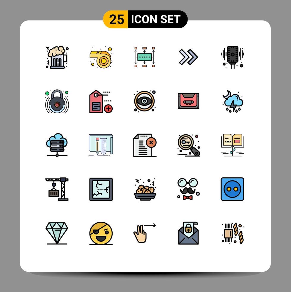 Pack of 25 Modern Filled line Flat Colors Signs and Symbols for Web Print Media such as audio record business microphone arrows Editable Vector Design Elements